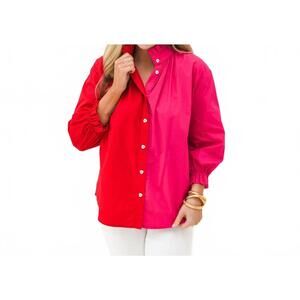 NEW CARYN LAWN kelsey button down top in pink/red